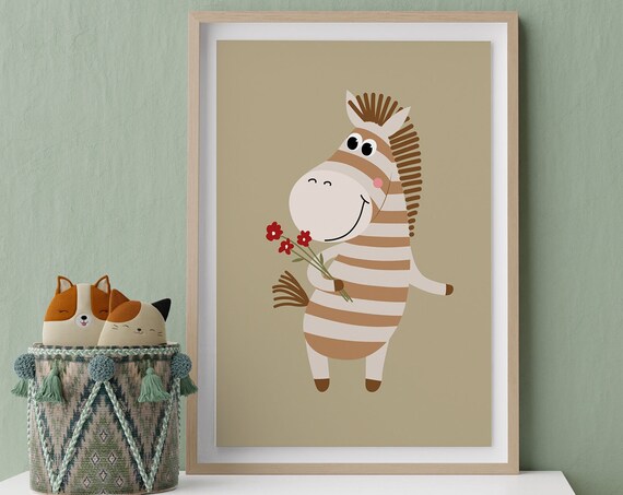 Cute Zebra Holding Flowers Nursery Wall Art Poster Kid And Baby Illustration Playroom And Bedroom Art