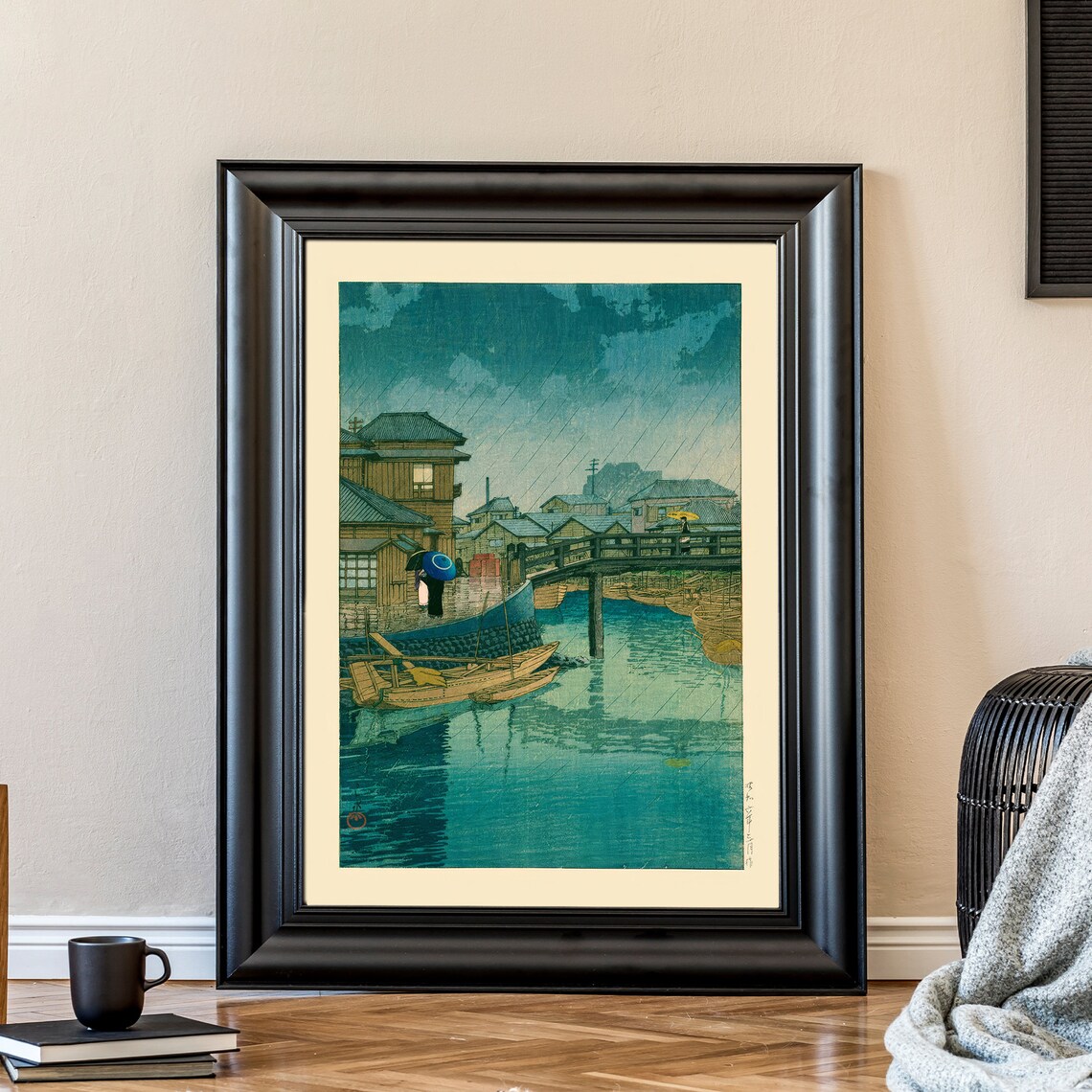 Japanese Rainy Canal Street Boats Woodblock Style Vintage Poster - Image 3