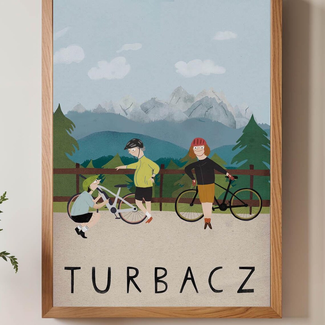 Turbacz Mountain Cyclists Repairing Bike Scenic Folk Travel Poster