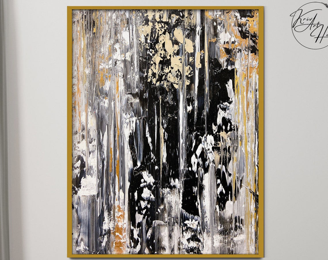 Black White Gold Drip Textured Abstract Painting Dramatic Wall Poster - Image 4