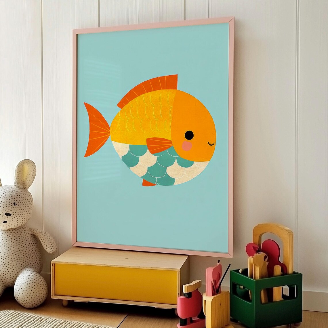 Cute Happy Orange Cartoon Fish Kids Room Ocean Animal Art Poster