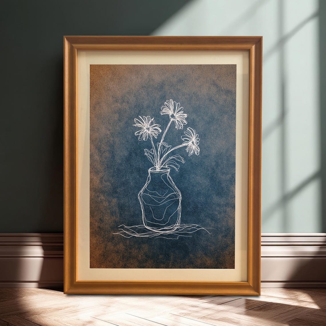 Minimalist Daisy Line Art In Vase White On Blue Grey Art Print