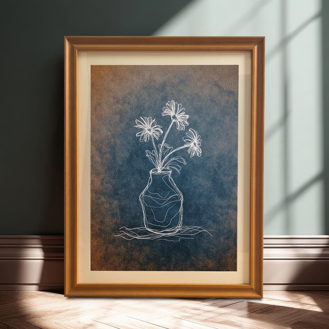 Minimalist Daisy Oneline Art Print Wood Framed Wall