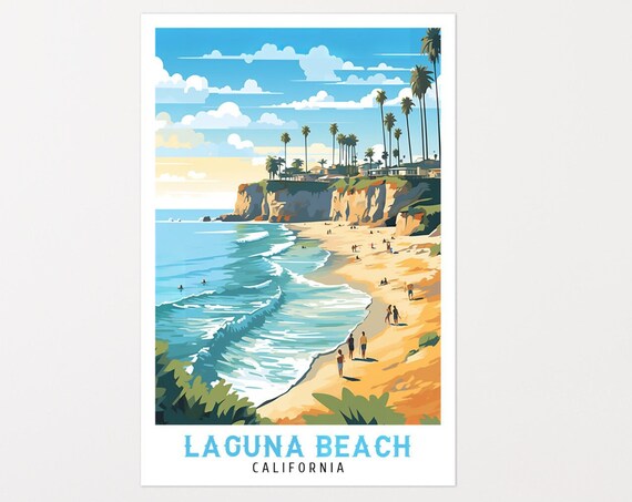 Laguna Beach California Cliff Beach Palms Swimmers Travel Poster