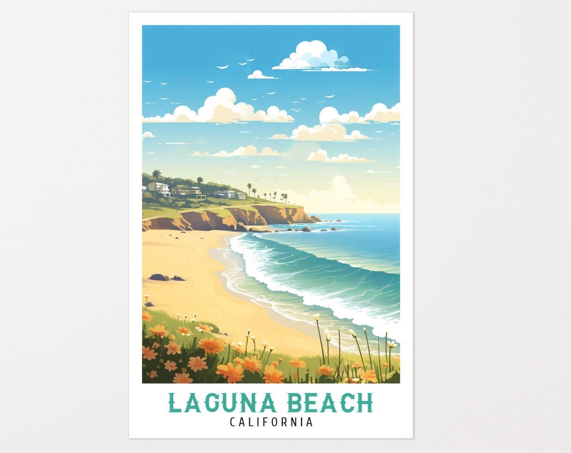 Laguna Beach California Wildflower Cliff Cove Vintage Travel Poster