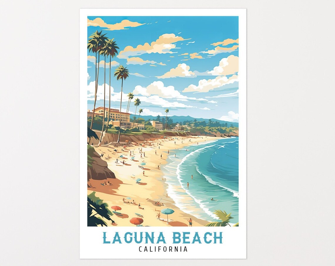 Laguna Beach California Hotel Beach Umbrellas Sunny Travel Poster