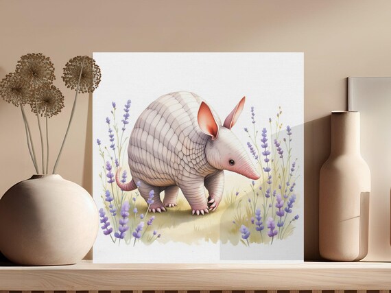 Cute Armadillo Lavender Field Art Print Whimsical Animal Wall Decor Gallery Wrap Nursery Art Instant
