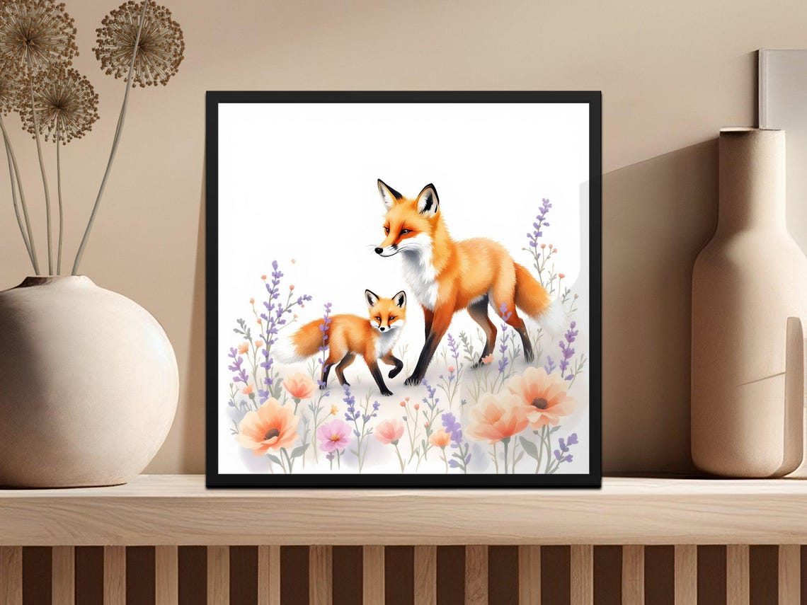 Mother Fox and Cub in a Wildflower Field Watercolor Nursery Poster - Image 3