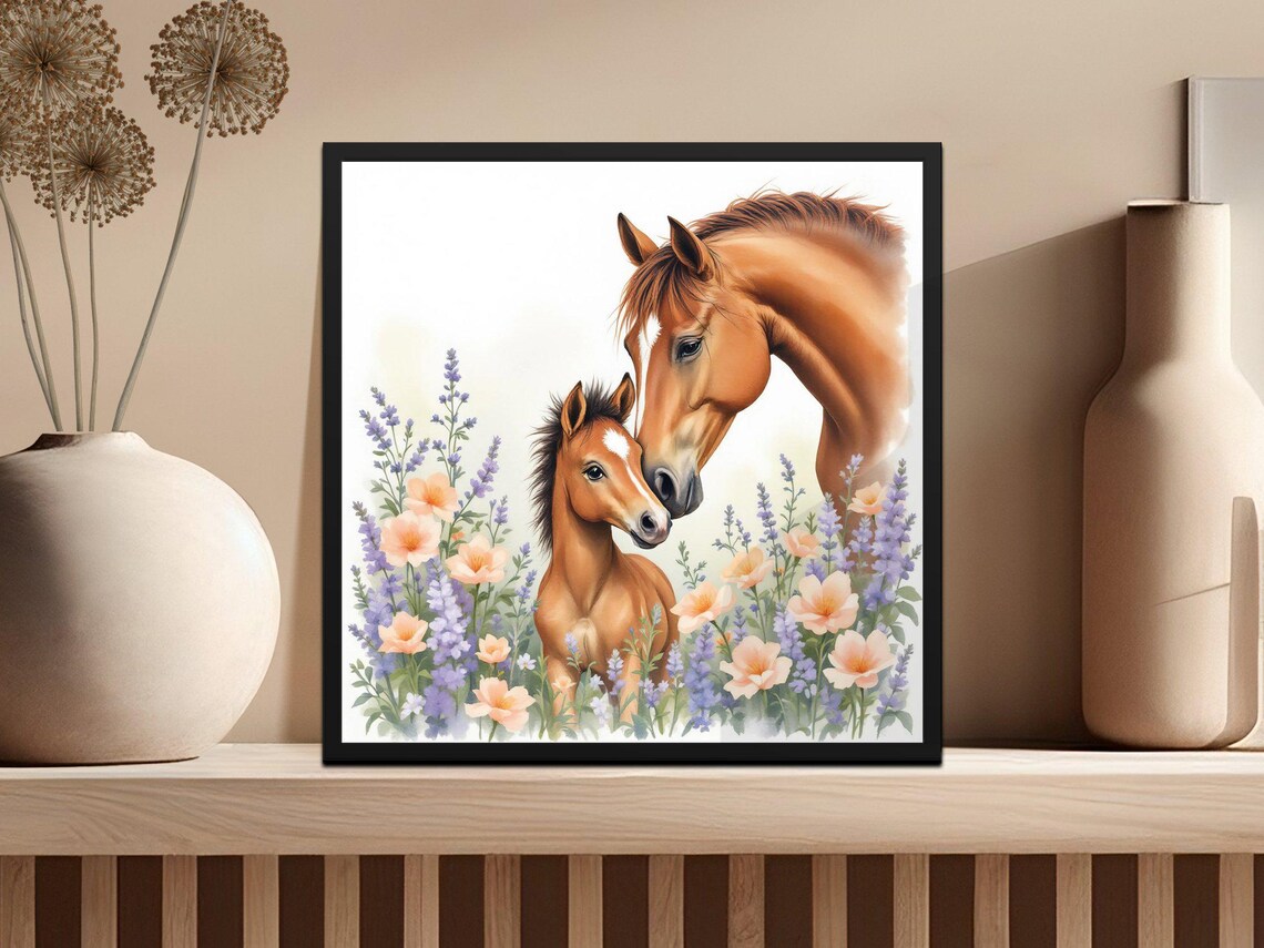 Horse and Foal in a Field of Wildflowers Watercolor Nursery Poster - Image 3
