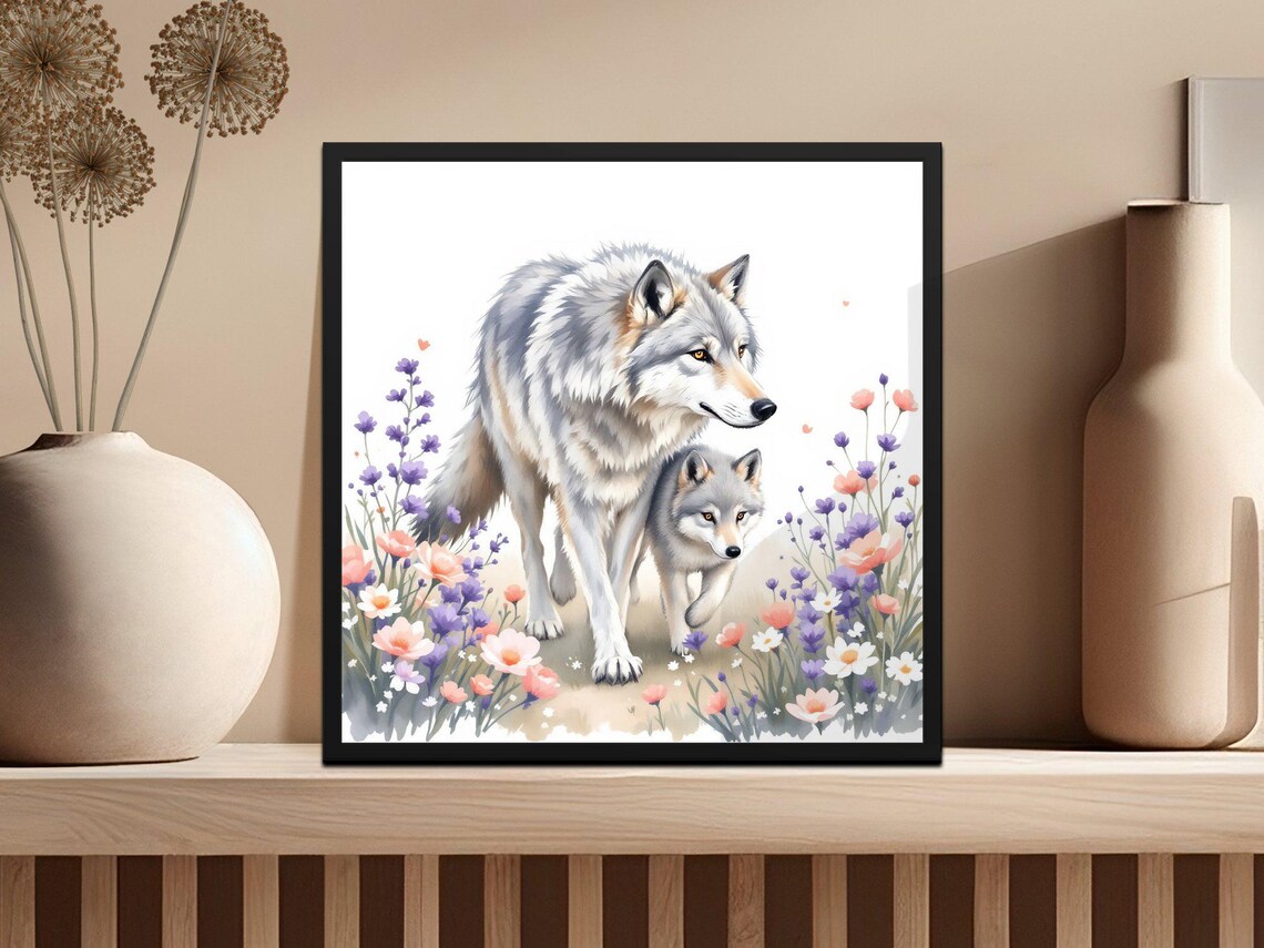 Gray Wolf and Pup in a Wildflower Meadow Watercolor Animal Poster