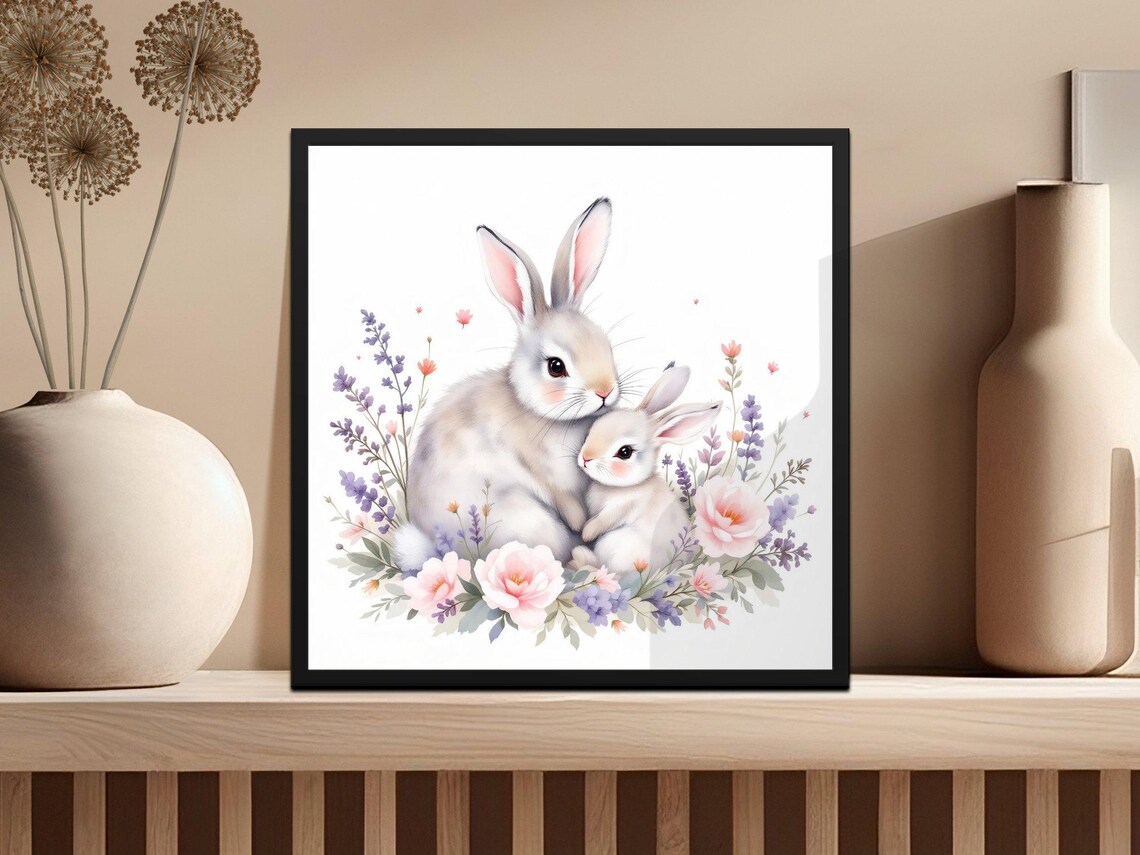 Mother Bunny and Baby Bunny Cuddling in Roses Watercolor Poster - Image 3