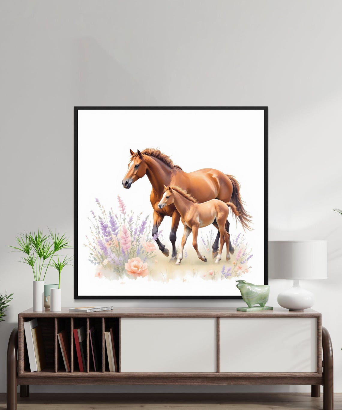 Horse And Foal Watercolor Art Print Floral Horse Animal Wall Art Horse Art Watercolor Animal Art Png File