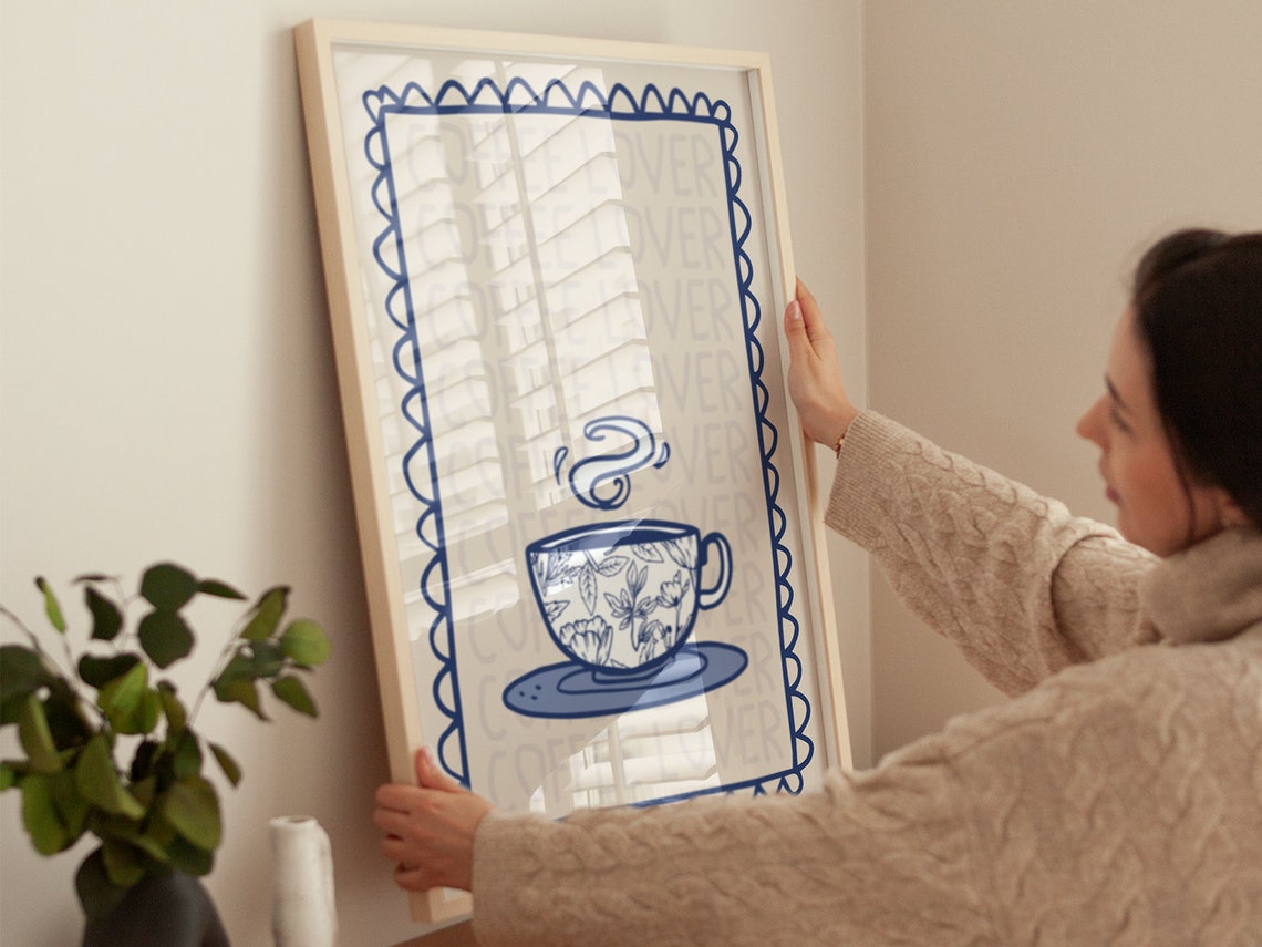 Coffee Lover Floral Teacup Navy Line Art Kitchen Wall Poster - Image 4