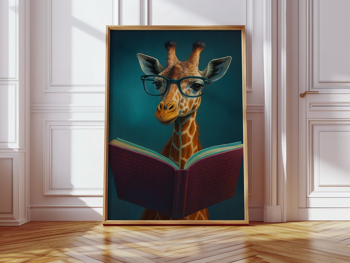 Funny Giraffe Reading Art Print, Book Lover Decor