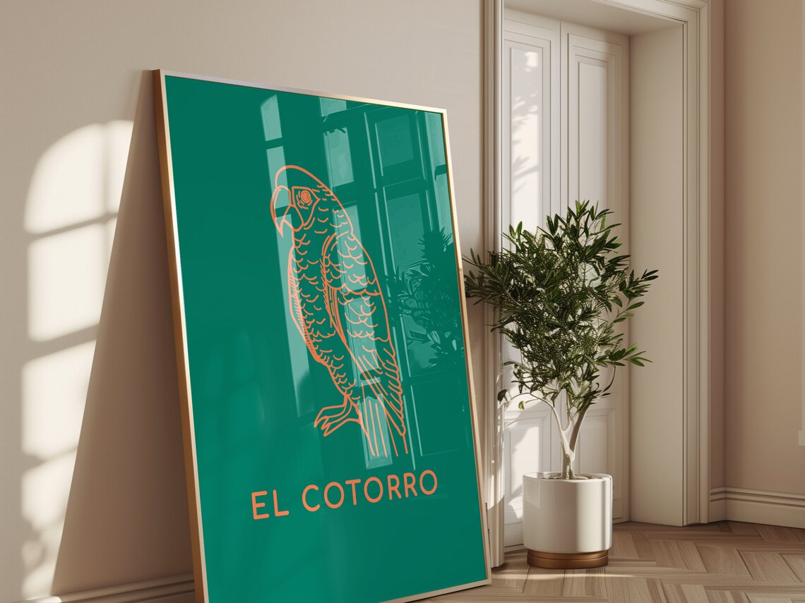 El Cotorro Parrot Mexican Loteria Line Art Dark Green Wall Art Poster - Image 4
