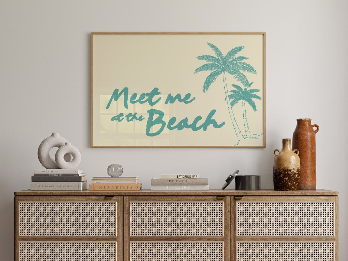 Meet Me At The Beach Teal Palm Tree Script Coastal Art Poster - Image 2