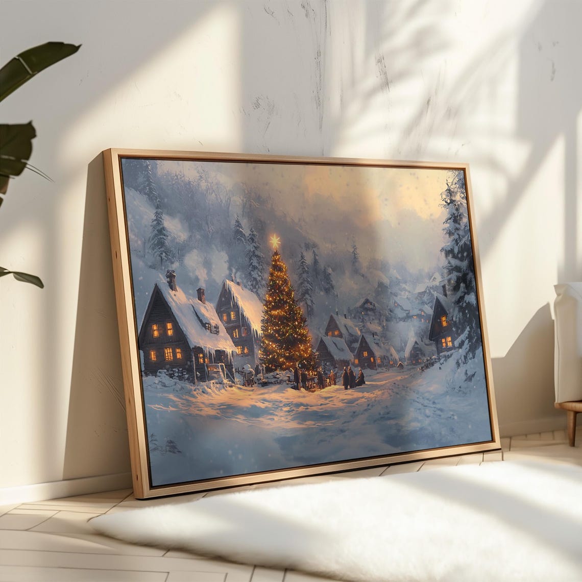 Cozy Snowy Christmas Village Tree Glowing Windows Winter Art Poster - Image 4