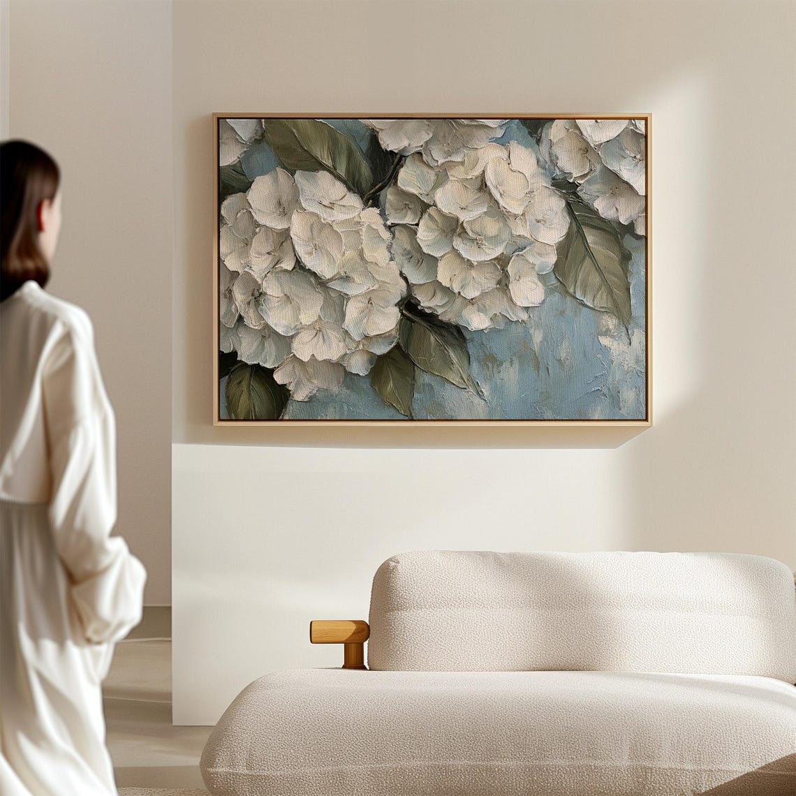 White Hydrangea Clusters Impasto Style Soft Blue Floral Wall Art - Image 2