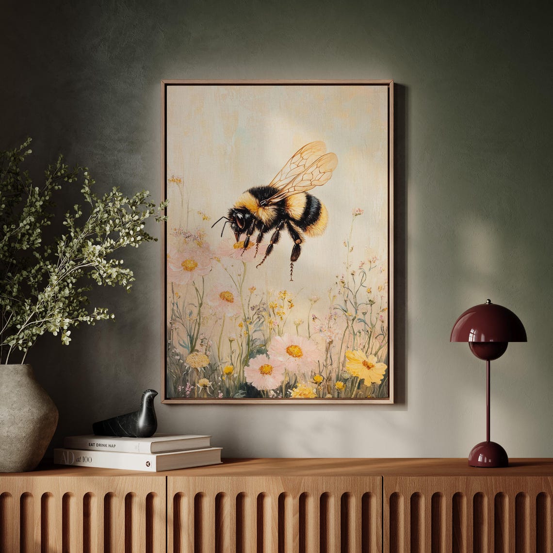 Bumblebee Hovering Over Pink Wildflowers Pastel Botanical Print - Image 5