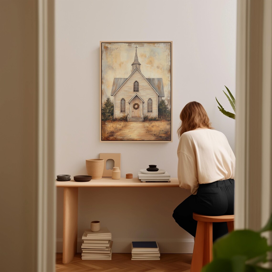 Vintage Country Church Painting, Rustic Chapel Art Print - Image 2