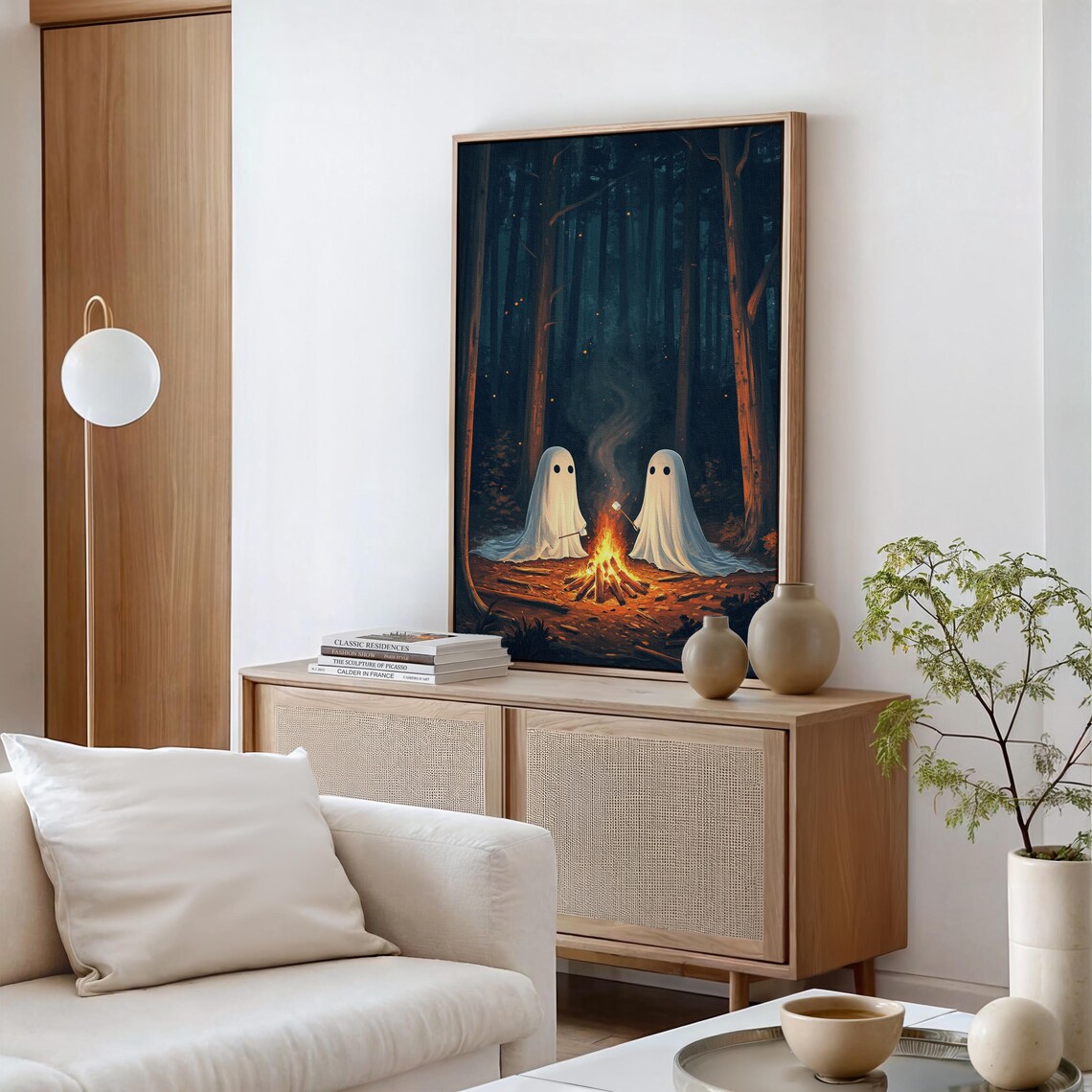 Two Cute Ghosts Campfire Marshmallows Dark Forest Halloween Wall Poster - Image 2