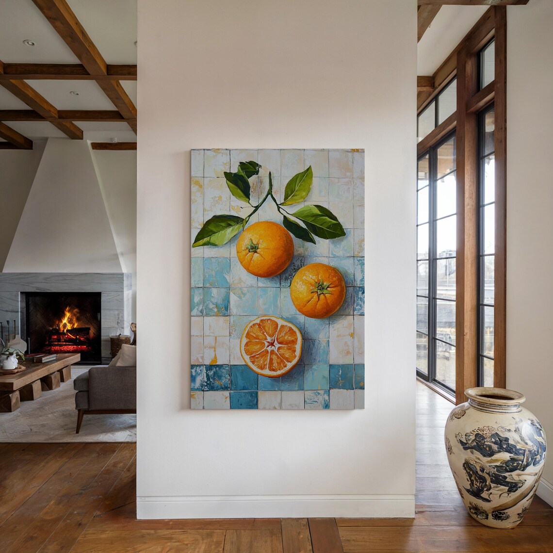 Vibrant Oranges With Leaves, Rustic Tile Background - Image 3