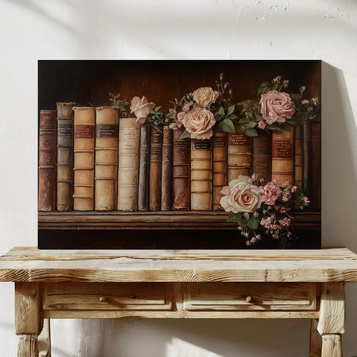 Antique Books Shelf With Pink Roses Vintage Literary Wall Art