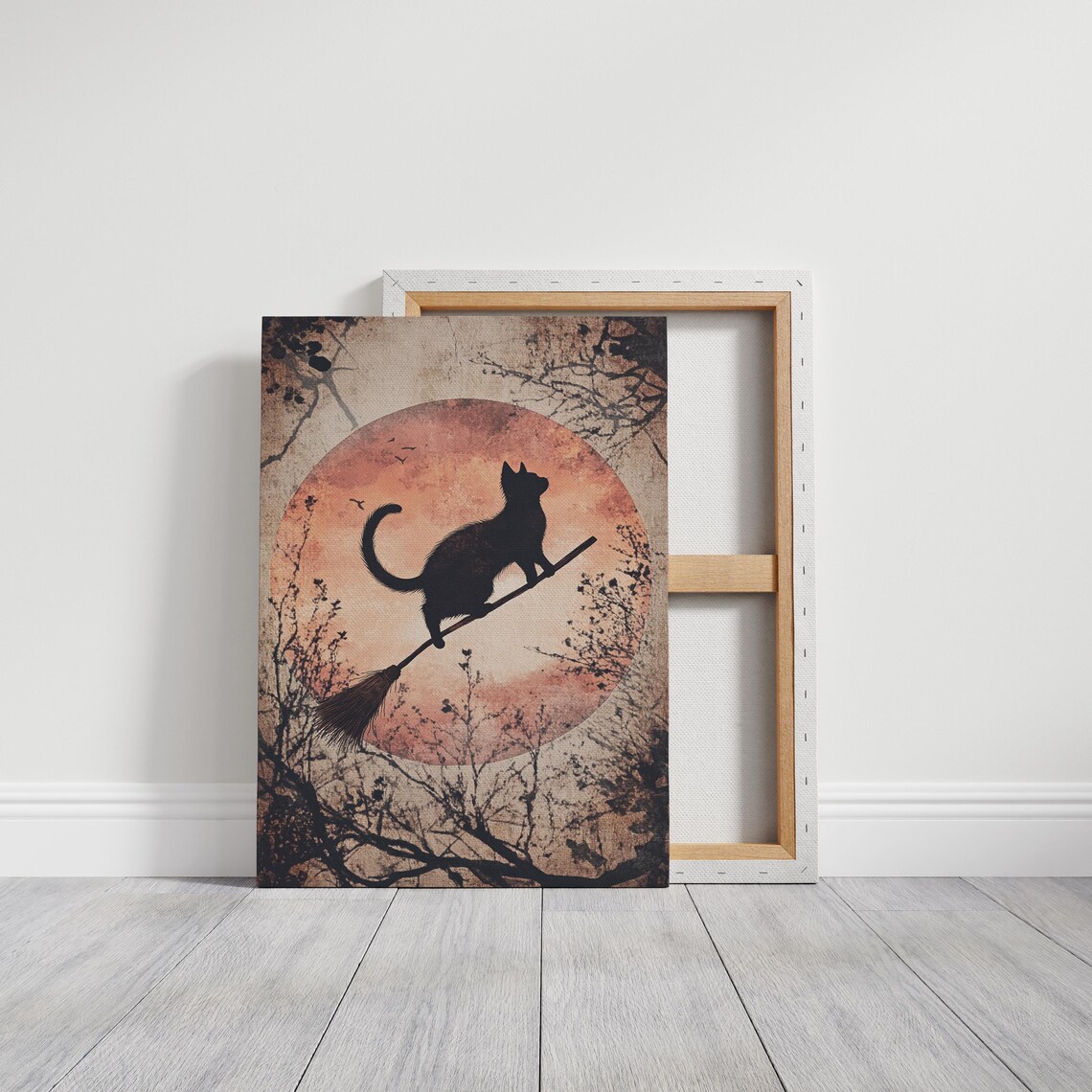 Black Cat Silhouette on Broomstick Orange Moon Vintage Halloween Wall Art - Image 4
