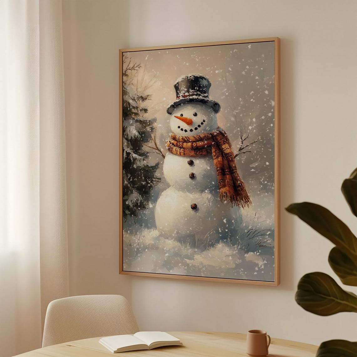 Vintage Snowman In Top Hat And Scarf Amid Falling Snow Holiday Poster