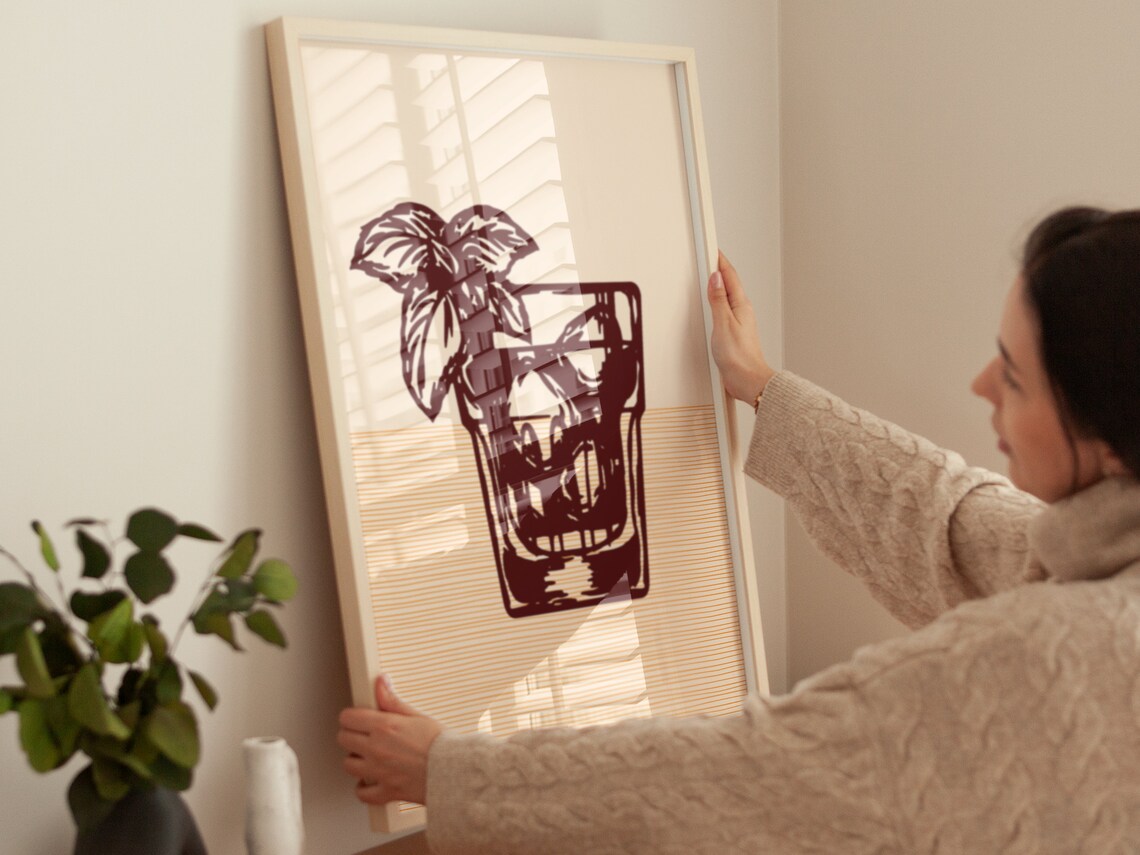 Boho Tiki Tropical Cocktail Palm Leaves Burgundy Minimalist Poster