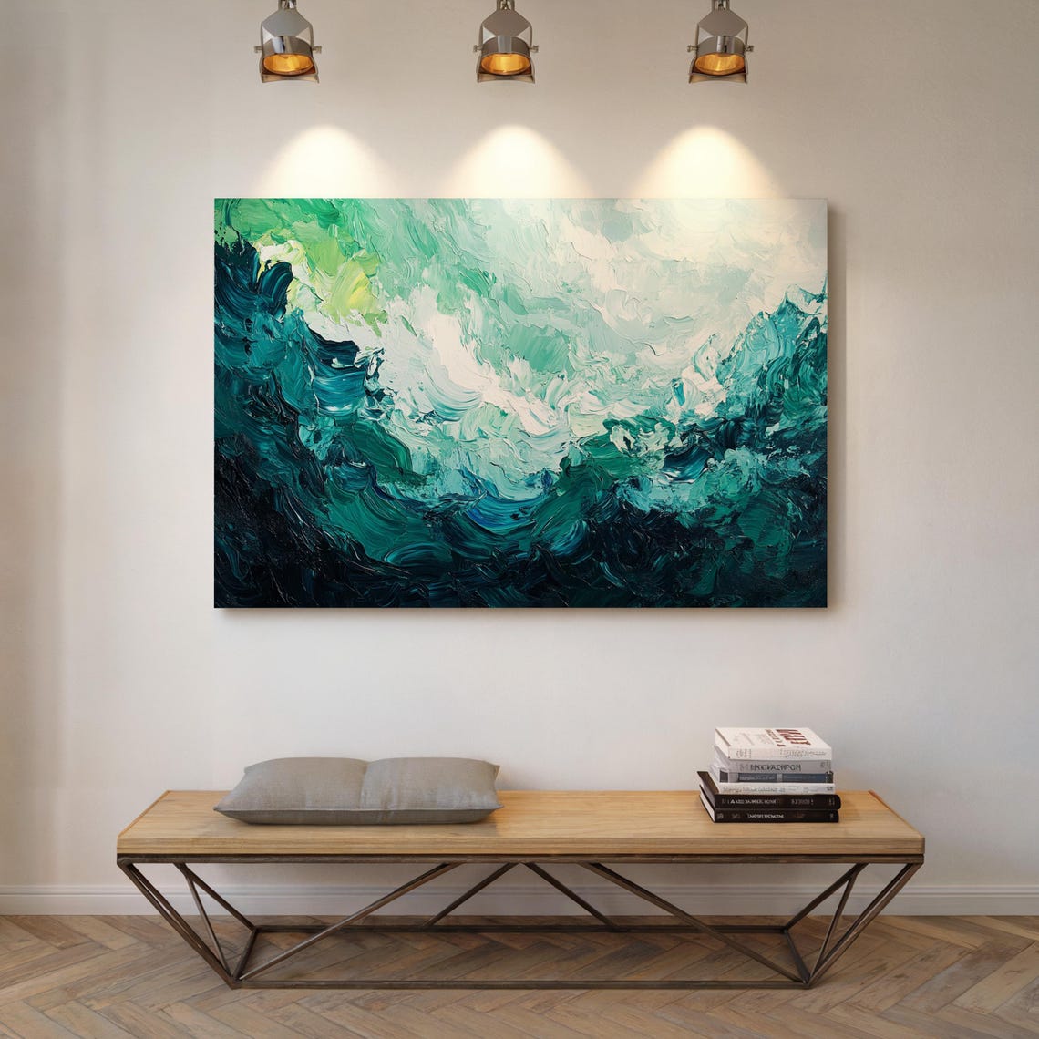 Emerald Ocean Waves Textured Abstract Palette Knife Coastal Art Print - Image 4