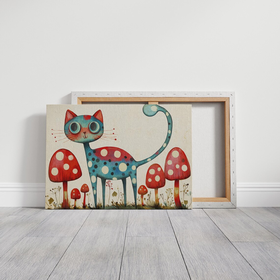 Quirky Polka Dot Blue Cat Among Red Mushrooms Whimsical Animal Poster - Image 5