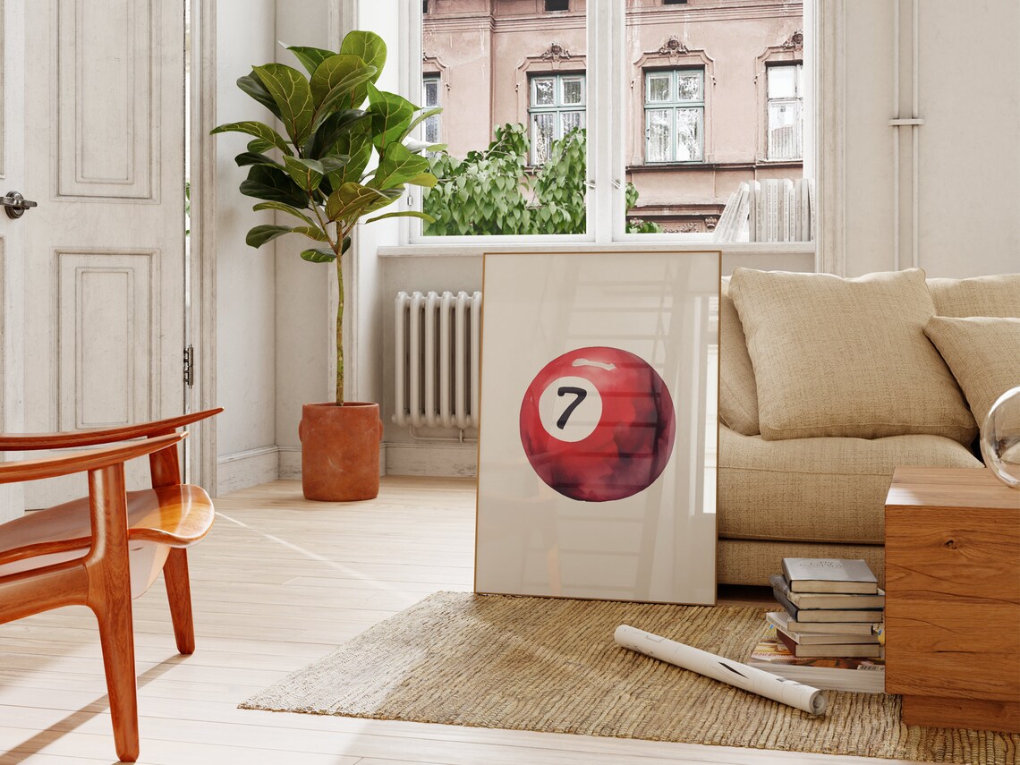 Red Lucky Number 7 Pool Ball Watercolor Retro Billiards Art Poster - Image 4