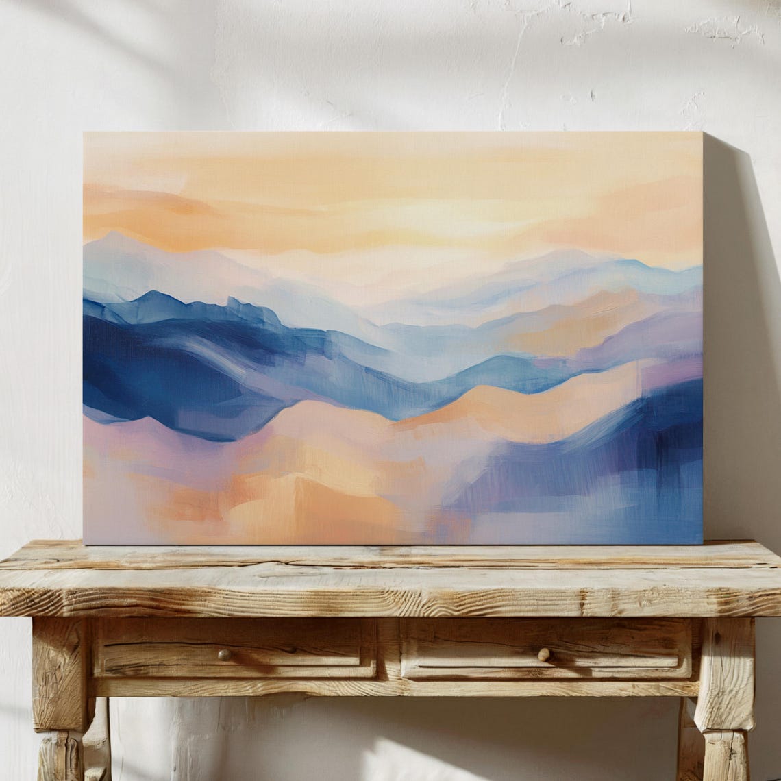 Serene Abstract Mountain Landscape Soft Blue And Peach Tones Minimalist Nature Wall Art For Modern And Calm Decor