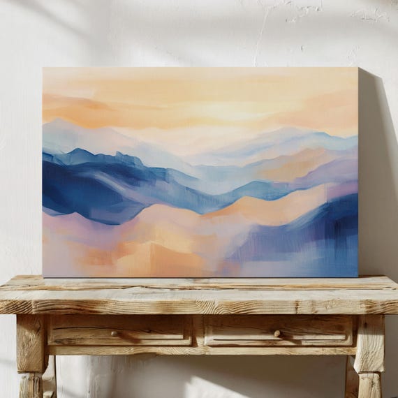 Serene Abstract Mountain Landscape Soft Blue And Peach Tones Minimalist Nature Wall Art For Modern And Calm Decor