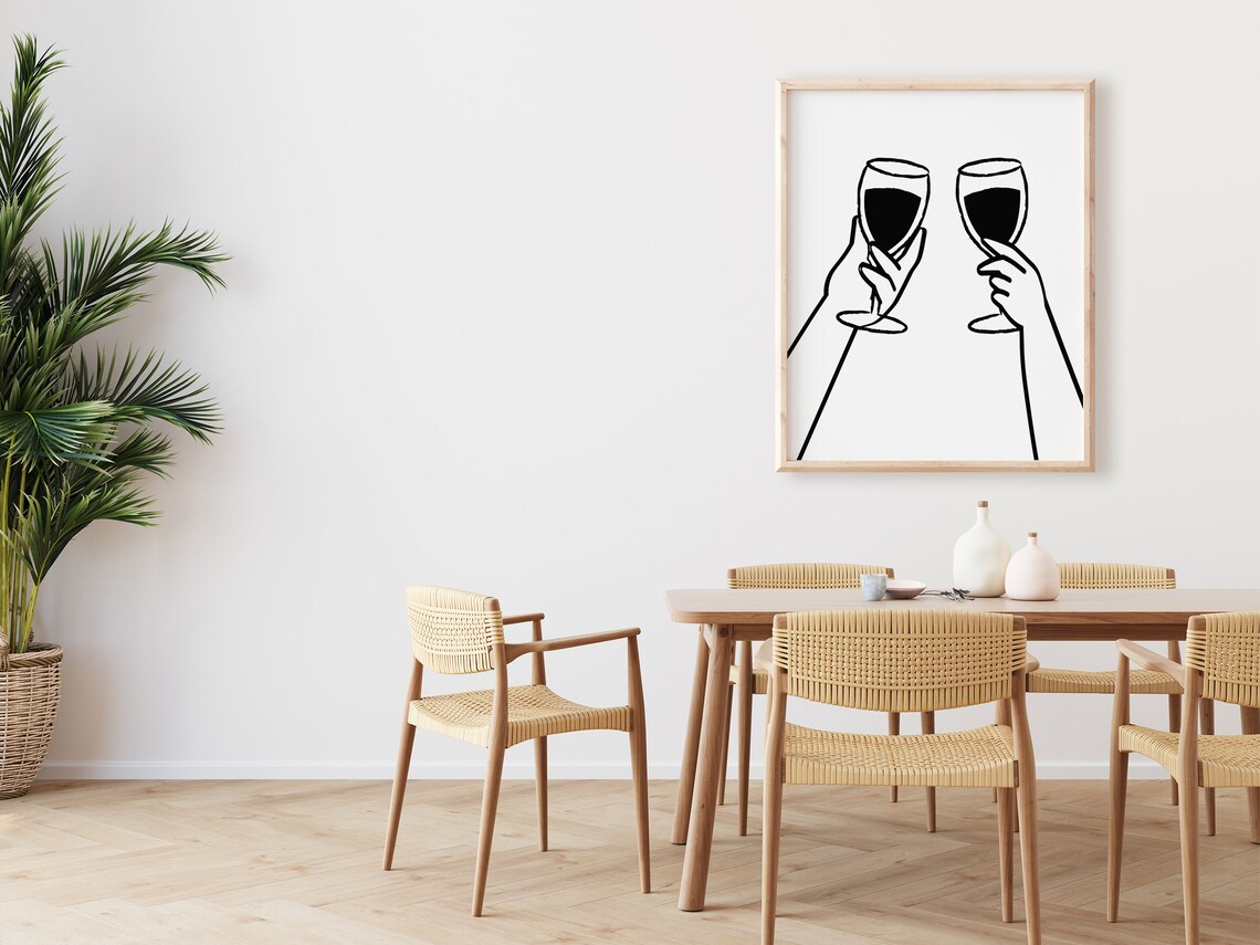 Red Wine Toast Cheers Hands Minimalist Line Art Kitchen Bar Wall Art Print - Image 2
