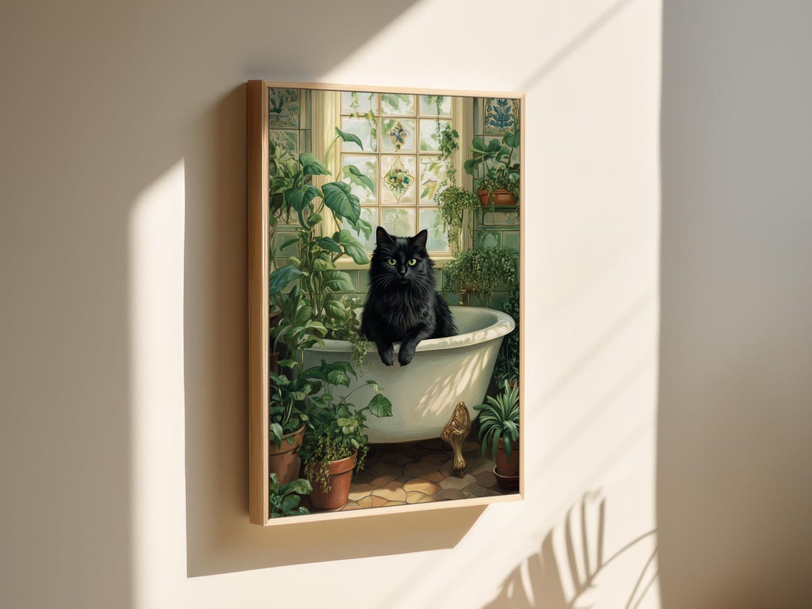 Black Cat Greenhouse Bathtub Vintage Botanical Cozy Cottagecore Poster - Image 2