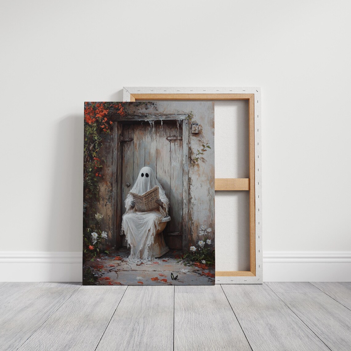 Funny Ghost Reading Newspaper Rustic Outhouse Halloween Bathroom Wall Art Poster - Image 5