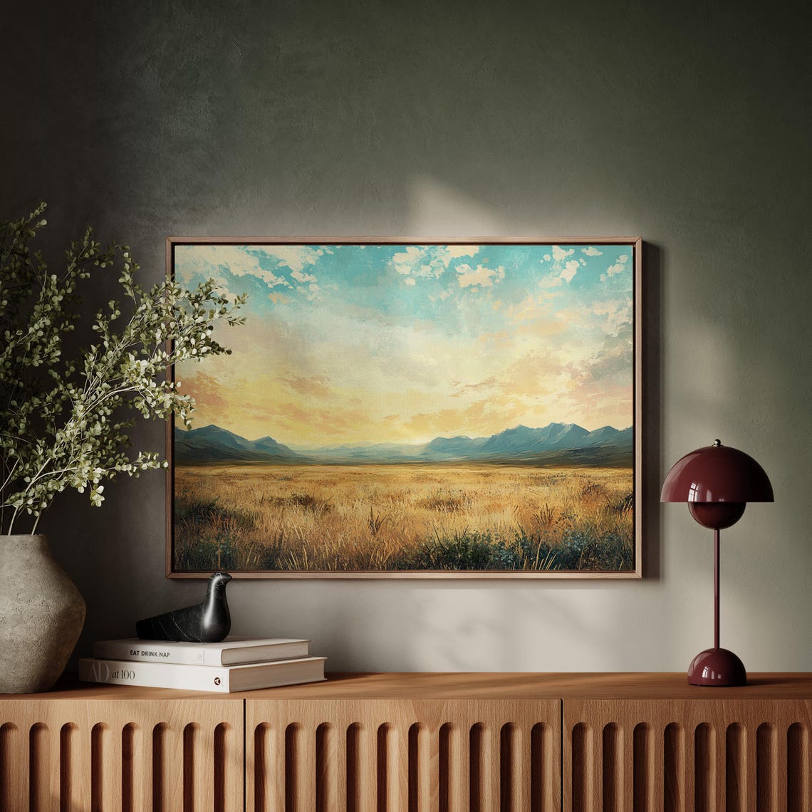 Sunset Prairie Mountains Golden Grass Teal Sky Landscape Wall Poster - Image 5