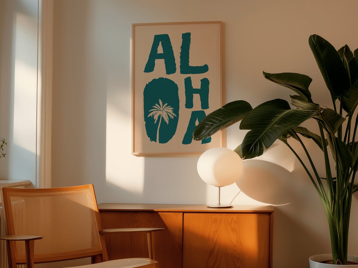 Aloha Palm Tree Teal Block Letters Tropical Beach House Art Poster - Image 2