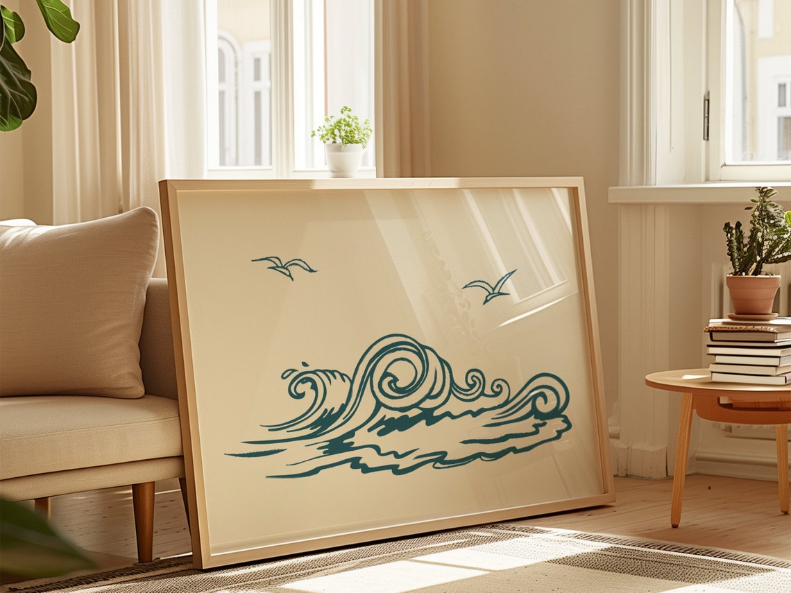 Teal Ocean Wave Line Art Seagull Minimalist Beach Coastal Poster - Image 2