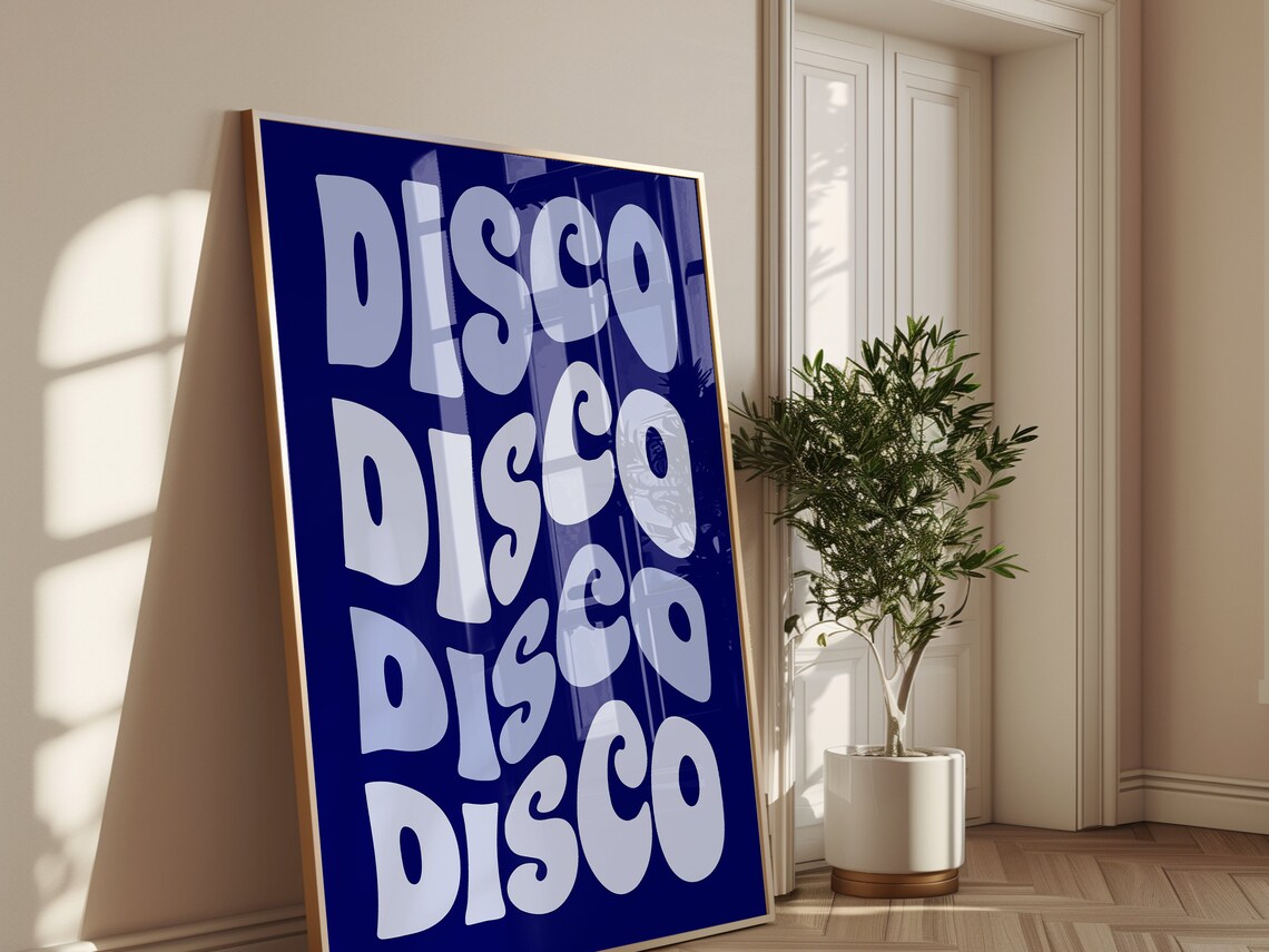 Disco Disco Disco Repeated White Groovy Typography On Navy Art Poster