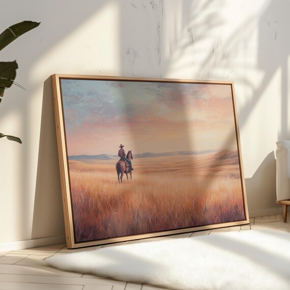 Cowboy Watching Prairie Sunset Serene Western Horseback Wall Art Open Range Landscape Print In Warm Pastel Tones