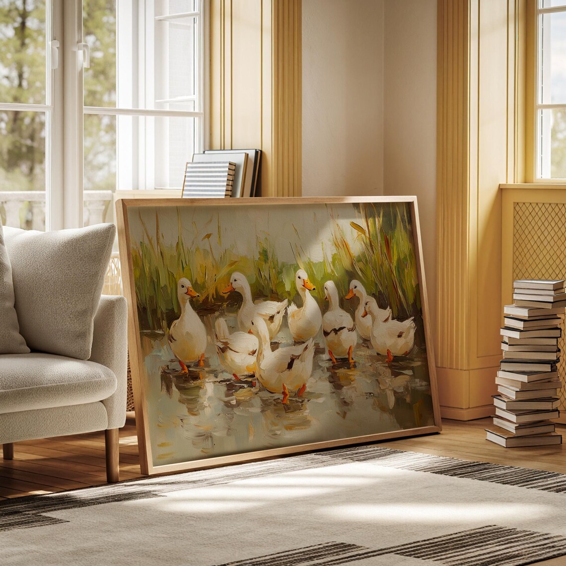 White Duck Pond Painting, Peaceful Farm Animal - Image 3