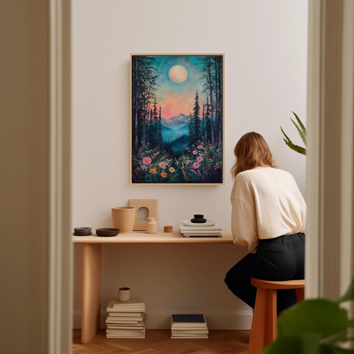 Enchanted Moonlit Mountain Art Print, Floral Forest Scene - Image 2