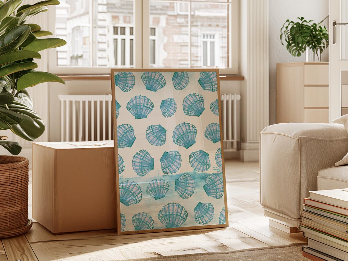 Aqua Watercolor Seashell Pattern White Coastal Nautical Wall Poster