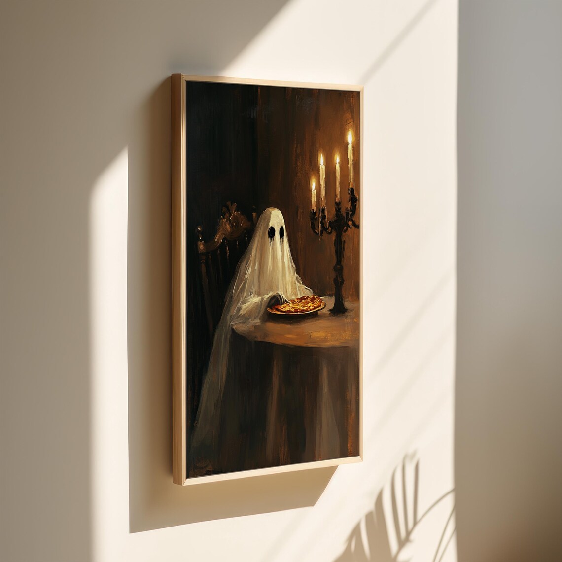 Ghost Eating Pizza Candlelight Gothic Halloween Spooky Dining Art Poster - Image 2