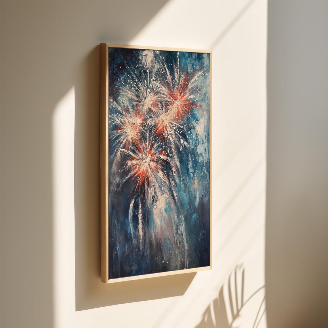 Abstract Fireworks Burst Red And White On Navy Night Modern Art Poster