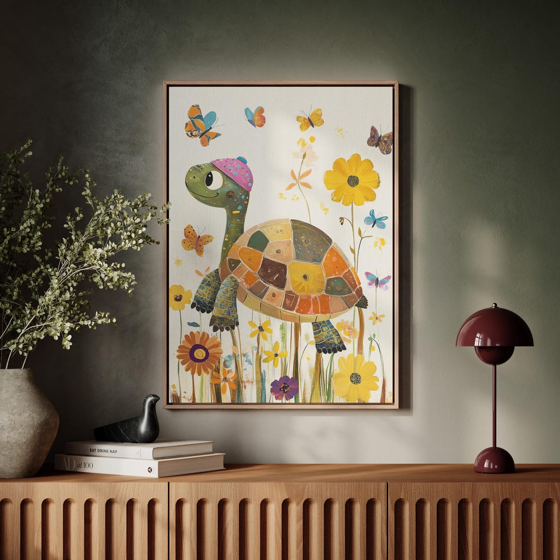 Whimsical Turtle With Patchwork Shell Among Butterflies Kids Poster - Image 5