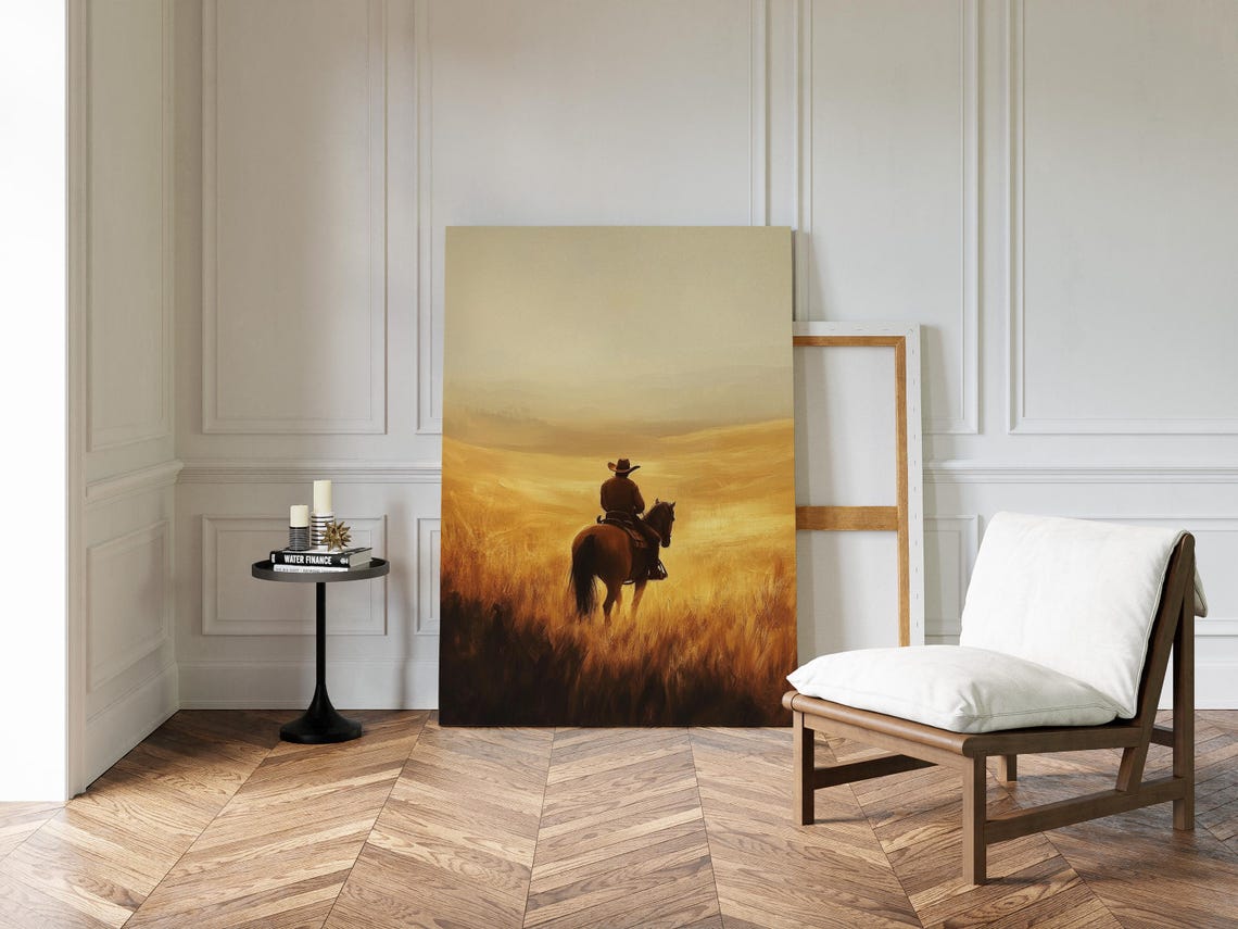 Lone Cowboy on Horseback Golden Prairie Sunset Western Ranch Poster - Image 2